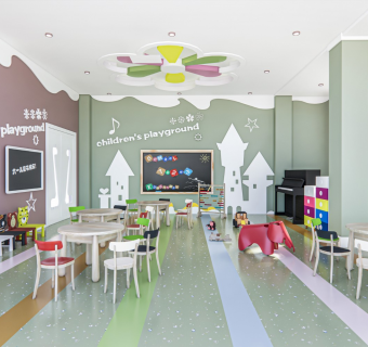 现代幼儿园内部 儿童游乐区 儿童活动区 儿童桌椅 儿童家具